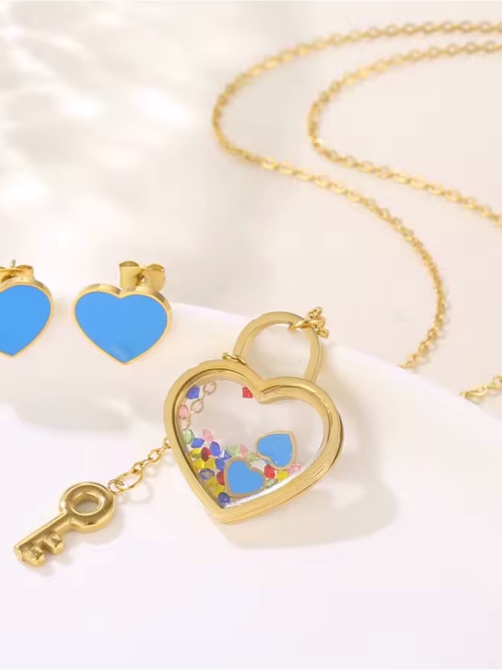 Stainless steel Gold Heart Key Locket Necklace and Blue Heart Stud Earrings Set